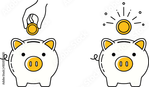 Saving Money Concept Vector Illustration, Hand Putting Coin into Piggy Bank, Financial Investment and Deposit Symbol, Personal Budgeting and Wealth Management Graphic.