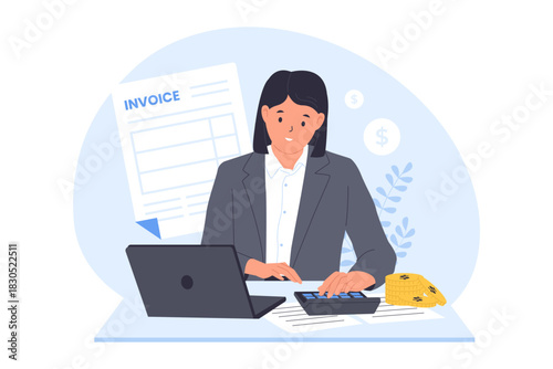Illustration of Accountant Working with Invoice and Calculator. a Woman Managing Bills, Financial Records, and Tax Paperwork in an Office. 