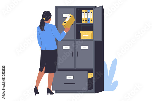 Illustration of Administrative Staff Filing and Document Organization. A Woman Storing Paperwork in an Office Cabinet for Record Keeping