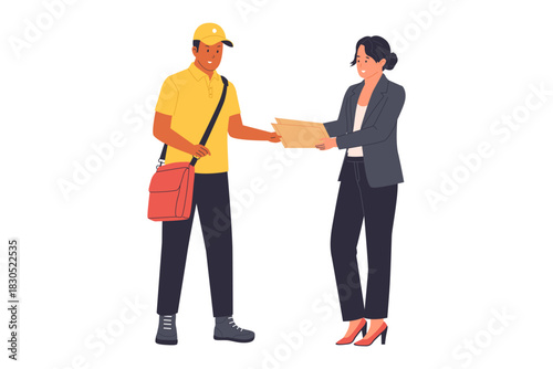 Illustration of Document Courier. A Courier Handing Over an Important Package to a Businesswoman for Logistics