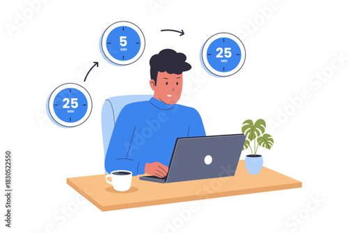 Illustration of Pomodoro Technique Concept. A Man Working with a Laptop Using Timed Intervals for Productivity
