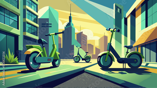 Colorful electric scooters parked on a modern city street surrounded by tall futuristic buildings in morning light