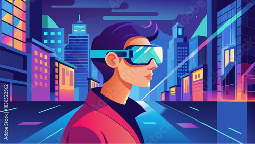 Young man wearing futuristic VR glasses in a glowing neon cyber city with high-tech buildings at night
