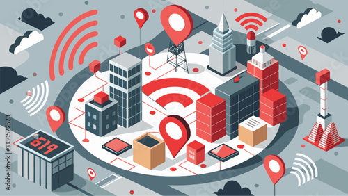 Isometric smart city with buildings, wireless signals, location pins and connected digital infrastructure