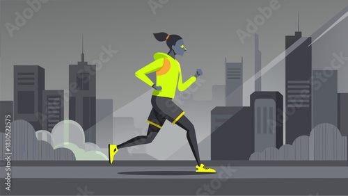 Young woman jogging in neon sportswear through a dark cityscape with modern buildings in the background