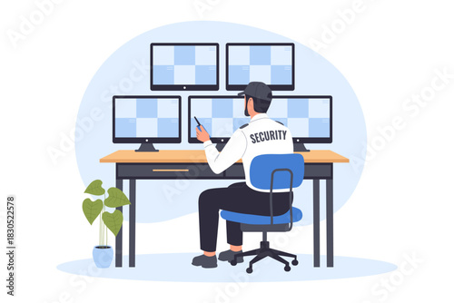 Illustration of Security Officer and Surveillance Monitoring. A Guard Watching Multiple CCTV Screens in a Control Room