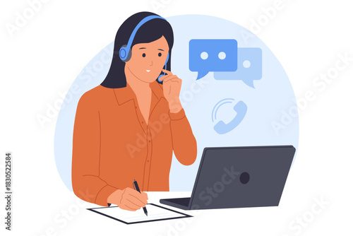 Illustration of Customer Support and Call Center Service. A Woman with a Headset Providing Assistance and Communication to Clients.