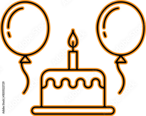 Birthday cake with lit candle and balloons celebration icon