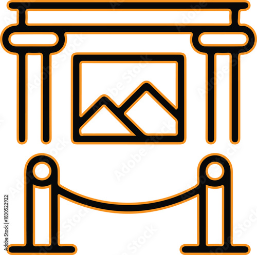 Art gallery exhibition with painting and stanchions