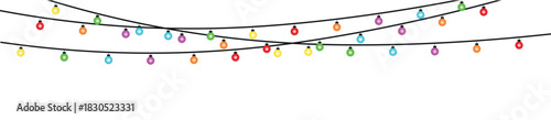 A festive arrangement of colorful string lights on black wires against a white background above space , glowing holiday lights garland bulbs, twinkling fairy lights glow