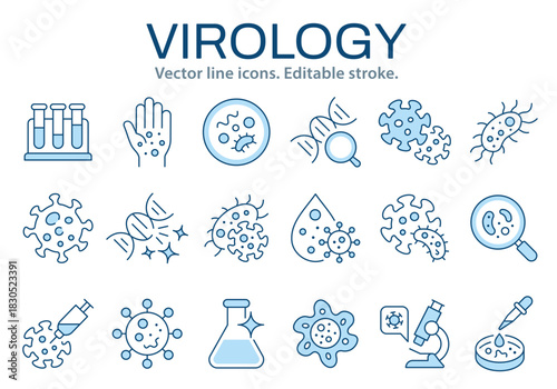 Virology line icons. Representing pathogen study, infection analysis, and microbiological processes. Editable stroke. Change to any size and any color.