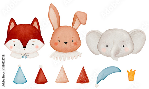 Watercolor cute animals faces. fox, bunny, elephant