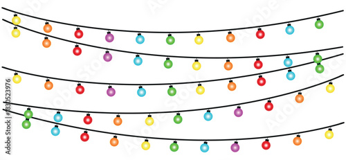 A festive arrangement of colorful string lights against a clean white backdrop illustration style , glowing holiday lights garland bulbs, twinkling fairy lights glow