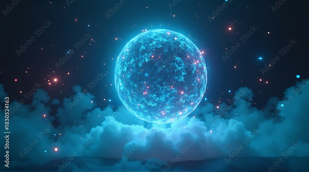 Fototapeta premium Glowing blue sphere hovers above fluffy white clouds under a dark starry sky, with scattered red and blue light particles.