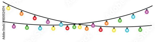 Two strands of colorful christmas lights hanging against a white background illustration style image , glowing holiday lights garland bulbs, twinkling fairy lights glow