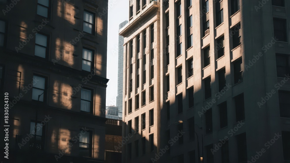 Obraz premium A street between urban buildings stretches in the morning light, with warm glow intertwined with architectural outlines, presenting a quiet and gentle urban aesthetic atmosphere.