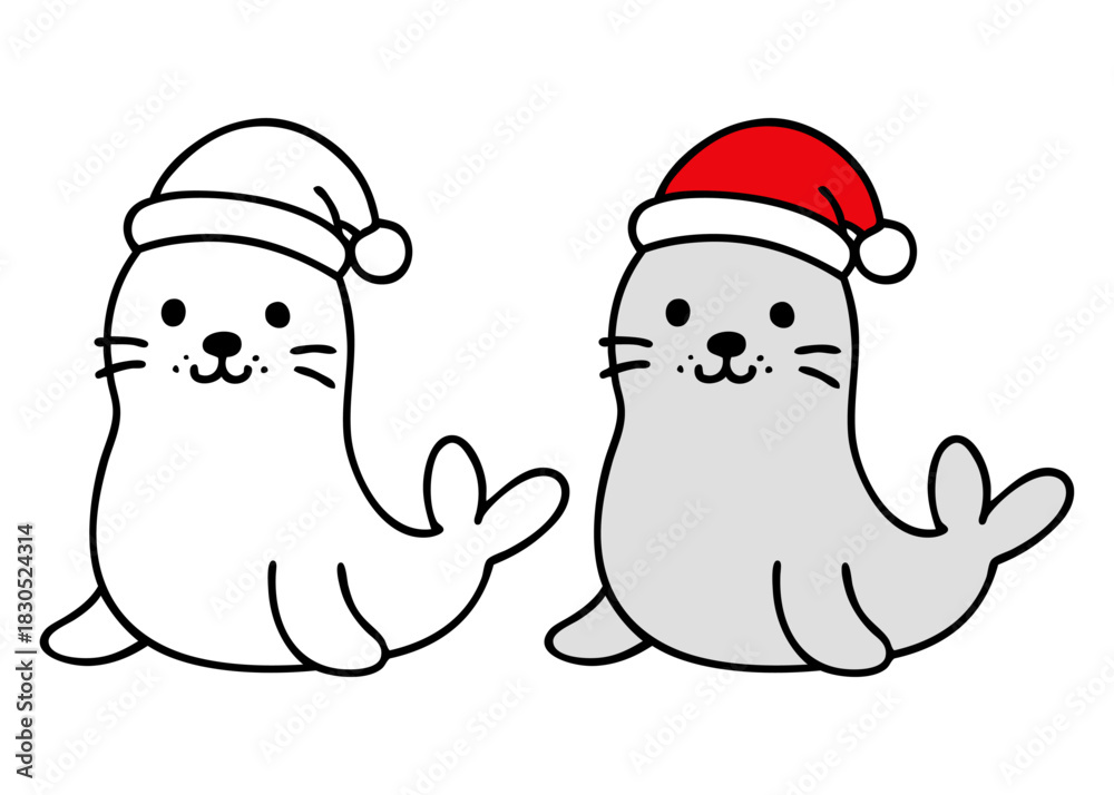Fototapeta premium Dibujo sencillo con líneas de cachorro de foca simpática con sombrero de Santa Claus para tarjetas y felicitaciones de Navidad