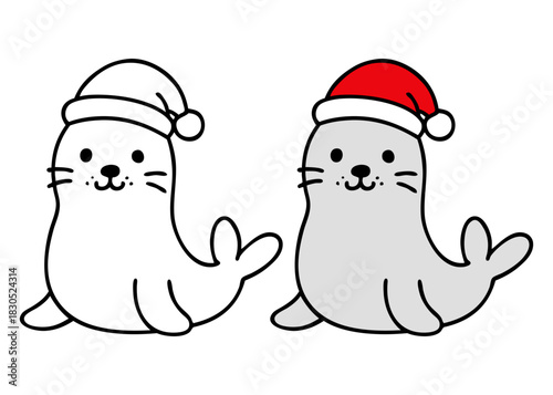 Dibujo sencillo con líneas de cachorro de foca simpática con sombrero de Santa Claus para tarjetas y felicitaciones de Navidad	