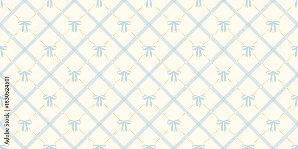 Fototapeta premium Coquette seamless pattern blue bow with ribbons on beige backdrop. Checkered wrapping paper background for birthday, holiday and Christmas. Cute repeat wallpaper texture. Vector illustration