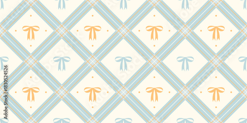 Coquette seamless pattern blue and yellow bow with ribbon on beige backdrop. Checkered wrapping paper background for birthday, holiday and Christmas. Cute repeat wallpaper texture. Vector illustration