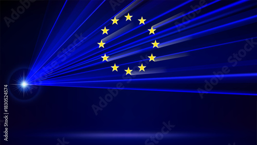 European Union laser flag. Laser show on dark blue background. EU abstract flag. Multicolor template of banner, poster for the european union holiday. Place for text. Copy space. Vector illustration
