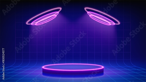 Futuristic blue stage, spotlights, podium. Mesh floor with round podium illuminated by circular purple neon, led. Background for displaying products, presentation. Backdrop. Showcase. Vector