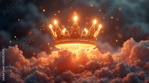 A golden crown rests atop a bed of fluffy clouds, radiating a warm, ethereal glow against a dark, moody sky.