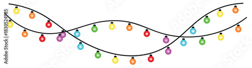 A set of colorful string lights hanging in a wavy pattern against a plain white background illustration , glowing holiday lights garland bulbs, twinkling fairy lights glow