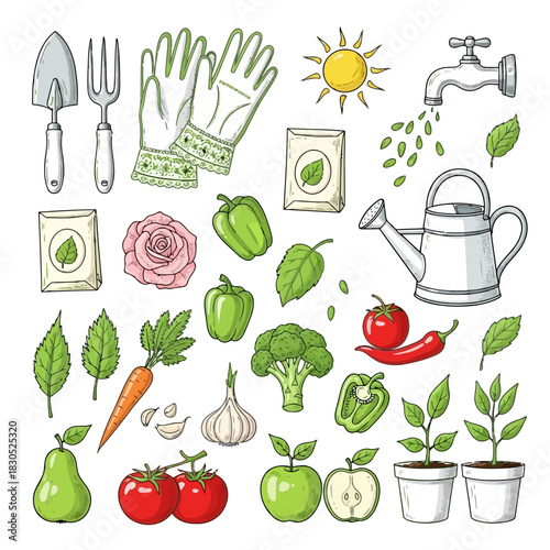 A collection of gardening tools, vegetables, and plants illustrated in a charming and detailed sketch style