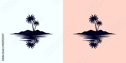Serene Tropical Island Escape Palm Trees Silhouette with Water Reflection on a Coastal Paradise