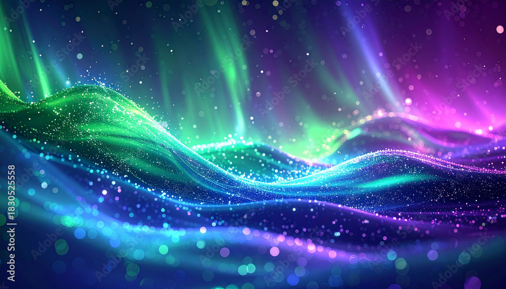 Fototapeta premium 緑と紫のオーロラが輝く波動背景