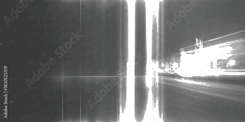 Monochrome abstract light streaks with bright reflections and digital noise isolated on white background