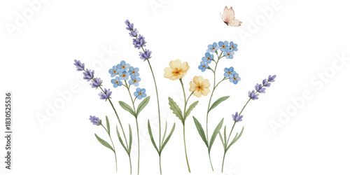 Hand-painted watercolor spring floral bouquet with flying butterfly isolated on white background