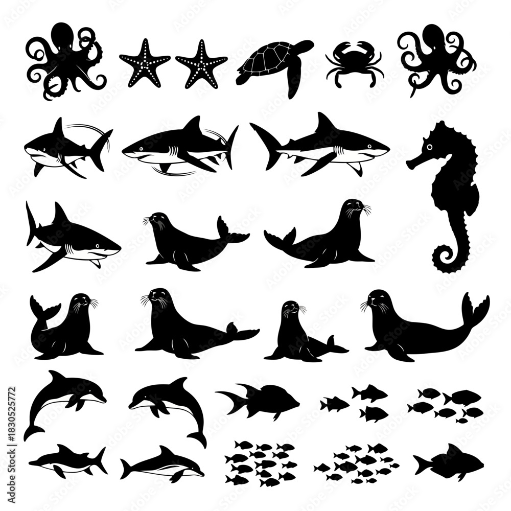 Naklejka premium Collection of various sea creatures and marine life silhouettes including octopus, starfish, seahorse, sharks, dolphins, and fish
