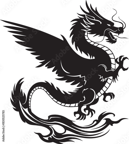 Black silhouette of a majestic dragon with wings spread in vector