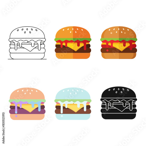 Colorful and black and white burger illustrations with various toppings and styles