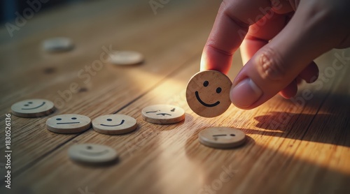Hand Selecting Wooden Token with Smiley Face on Wooden Surface