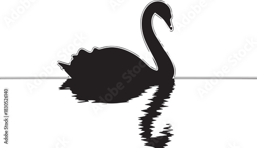 Elegant swan silhouette gracefully gliding on water black and white illustration