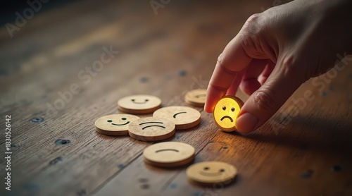Hand Picking Sad Face from Happy Emotion Tokens on Wooden Table