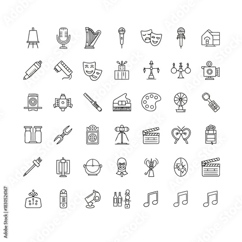 Set of various icons representing different art, music, and creative activities