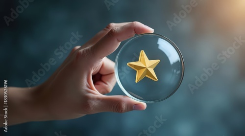Hand Holding Glass Sphere with Golden Star Inside on Background