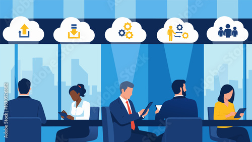 Diverse Professionals Optimizing Business Operations with Cloud Services, Engaging with Digital Data and Collaborative Tools in a Modern Workplace