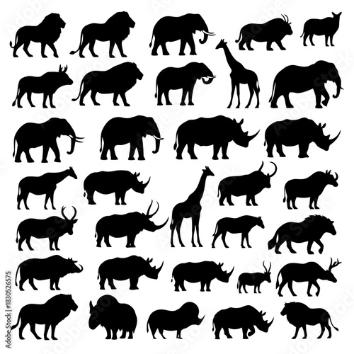 Black silhouettes of various wild animals including lions, elephants, giraffes, rhinos, and buffaloes walking in different poses