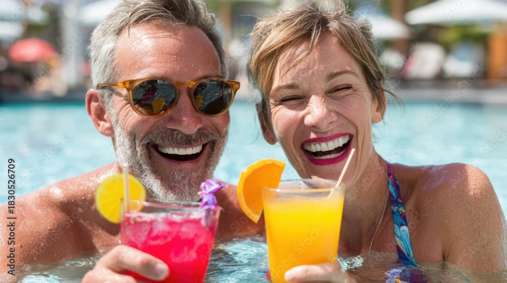Fototapeta premium Mature Couple Laughing With Cocktails In Swimming Pool On Vacation Happy People Enjoying Summer Holiday With Refreshments And Sunglasses
