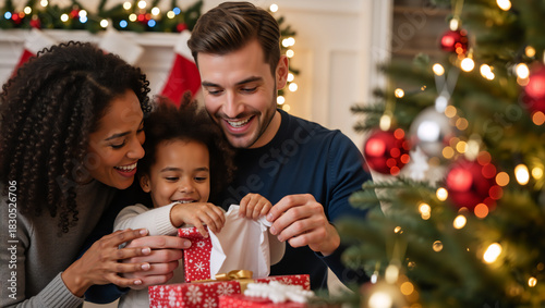 Happy multiracial family opening a Christmas present at home. Smiling parents and their daughter celebrating the festive holiday season with a gift