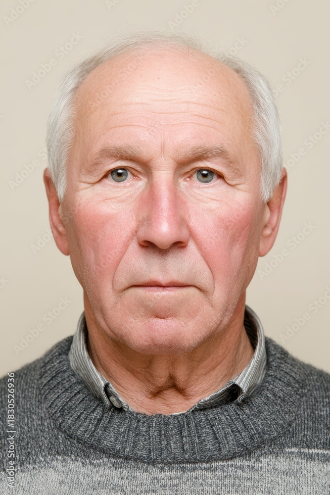 Obraz premium Neutral passport ID portrait of an elderly Russian Caucasian man wearing a gray sweater
