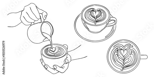 ラテアートの作成シーン（ハート・バリスタ）,カフェ,カプチーノ,コーヒー,ミルクフォーム,シンプル,ベクター,線画