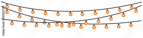 Three strands of orange string lights hanging against a white background for festive decoration , glowing holiday lights garland bulbs, twinkling fairy lights glow