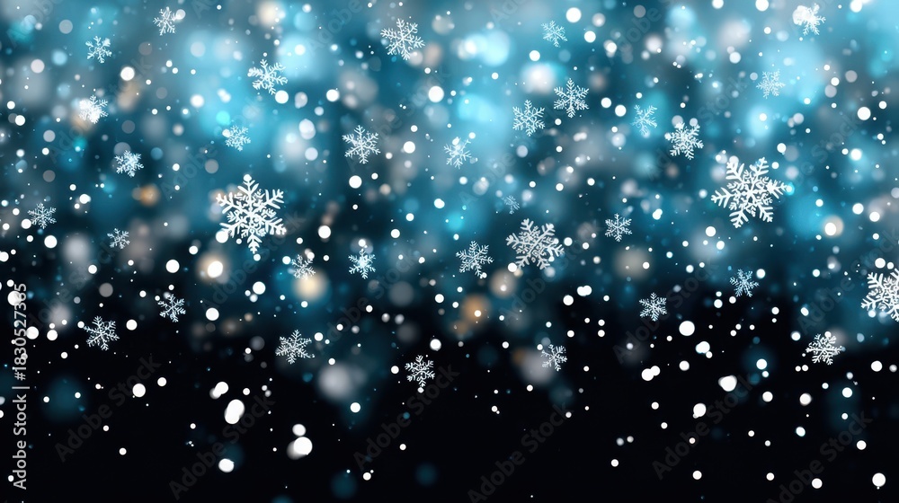 Fototapeta premium Snowflakes Falling On Blue Background With Bokeh Lights For Winter Holiday Season And Christmas Celebrations Festive And Decorative