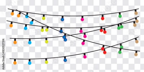 Festive string lights with colorful bulbs on transparent background